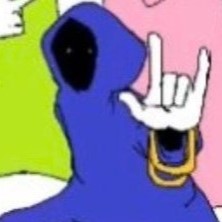 A wizard in a blue cloak, a shadowy face behind the hood with only two white specks visable as eyes. They wear a gold chain, and are throwing up a wizard gang sign.